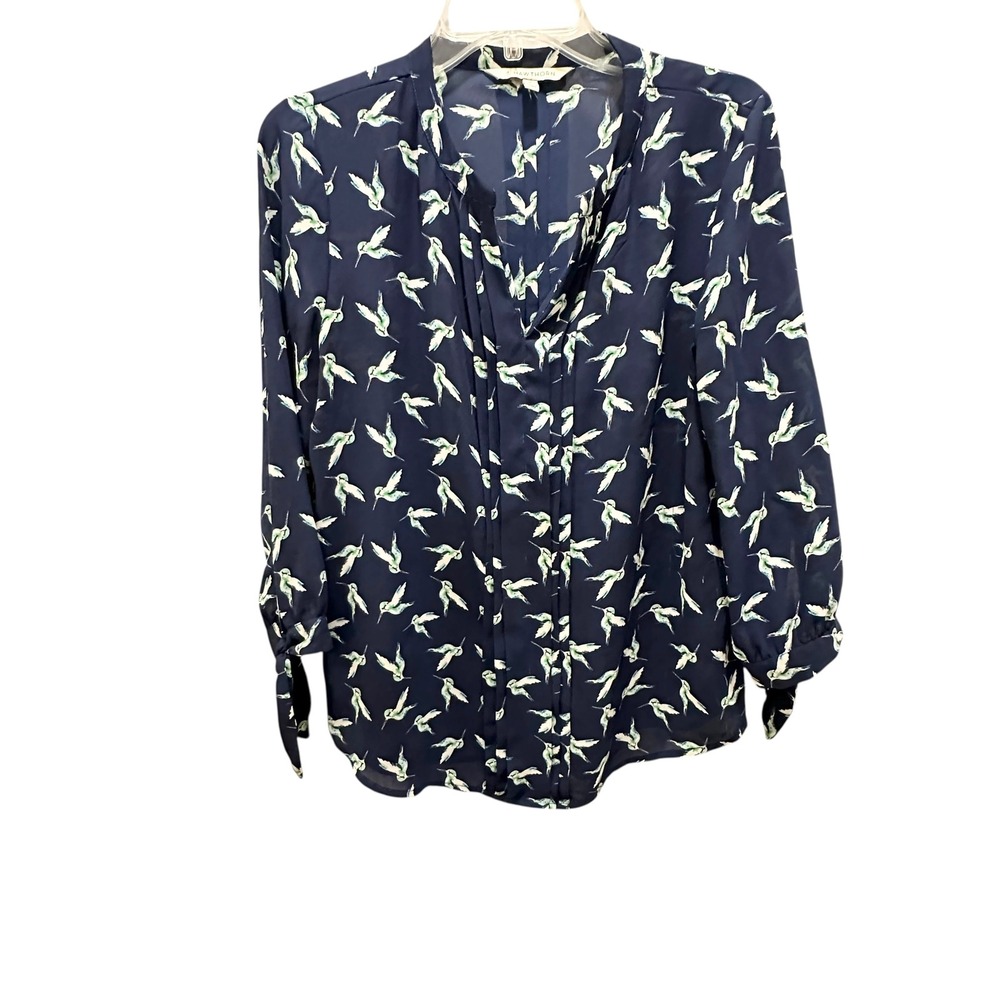 41 Hawthorn Navy Blue Hummingbird Print Tie Cuff Blouse Sz M Stitch‎ Fix